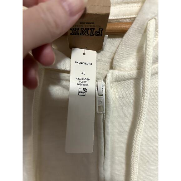 NWT PINK Victoria Secret Cream Full Zip Hoodie Size XL Raw Hem Cropped - Picture 3 of 9